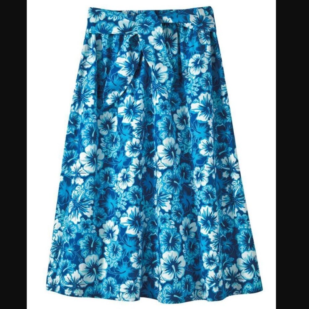 NEW Bright Blue Tropical Floral Sz Large Pull On Cotton Midi Skirt BOCA BAY